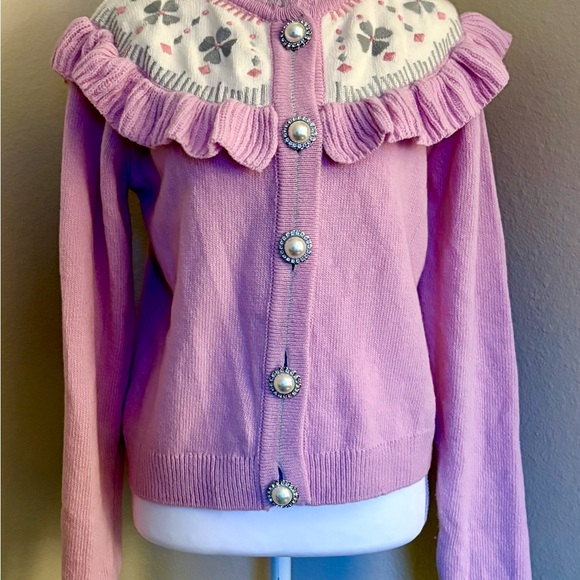 Hill House Sweaters - Hill House Home Desk Cardigan Sweater Wool Sz Small Pink Floral Pearly Buttons